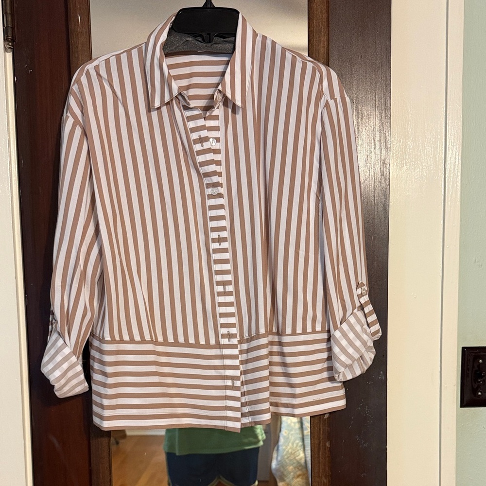Jane and Delancey White and Tan Striped Button-Down Shirt